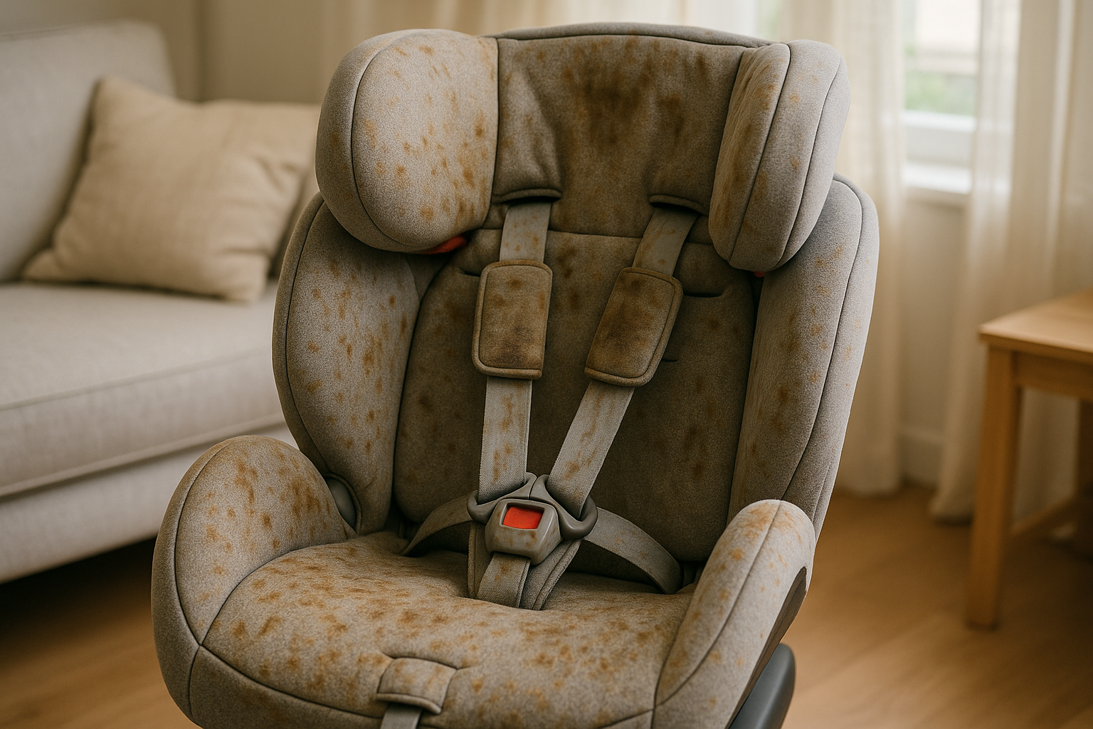Pormenor da sujidade acumulada no tecido e nos cintos de uma cadeira auto infantil em Sintra.