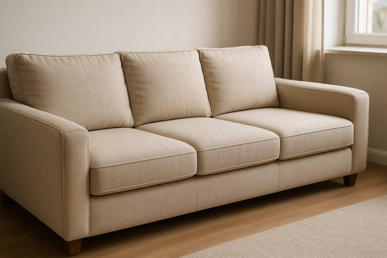 Sofá de sala totalmente limpo e revitalizado após o processo de higienização profissional e extração profunda.